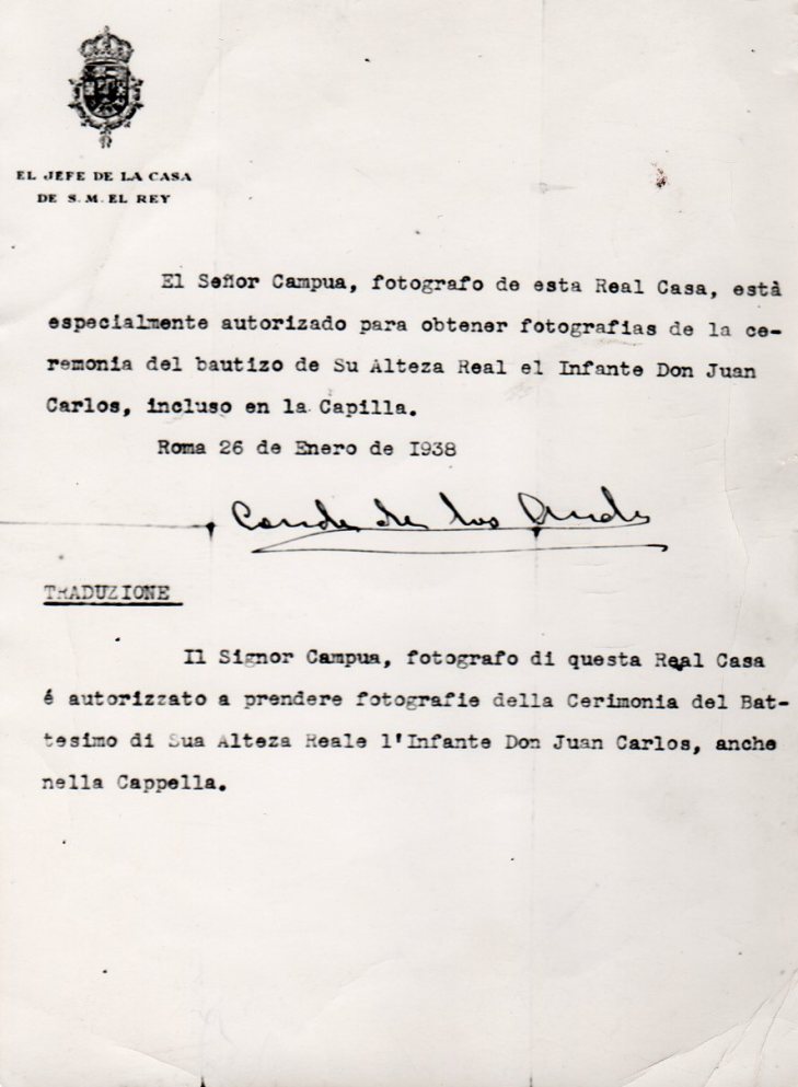 Autorización recibida por Campúa por la Casa de S.M. el Rey para fotografiar el bautizo de Juan Carlos I