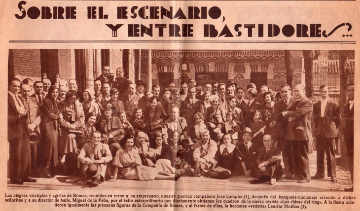 Campúa padre, en un homenaje a las chicas de la compañía de Romea. Aparece en el centro rodeado de las "alegres vicetiples y girls"