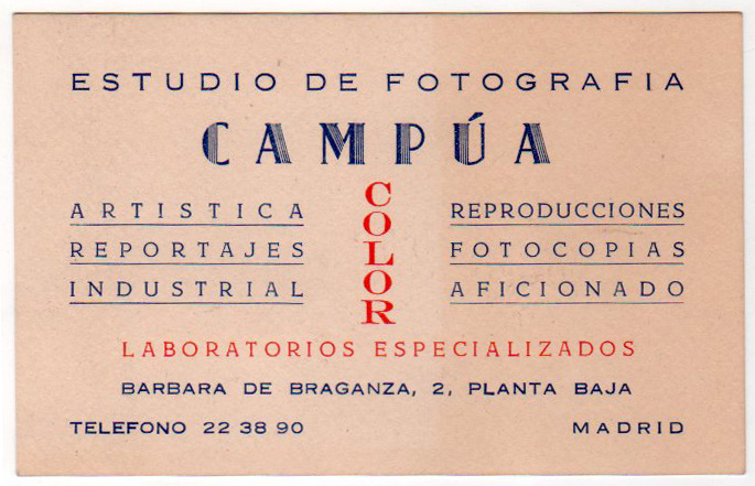 Tarjeta del estudio de Campúa en Bárbara de Braganza, impresa probablemente en los años 50