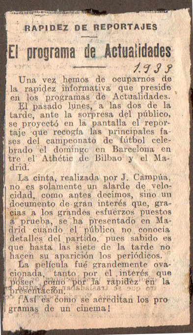 Reseña sobre el programa del cine "Actualidades" en 1933, que destaca la labor de Pepe Campúa como pionero del uso de la imagen en movimiento en el reporterismo deportivo.