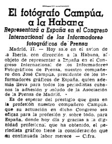 Artículo publicado en La Vanguardia el 18 de noviembre de 1954 dando noticia del viaje de Campúa a Cuba.