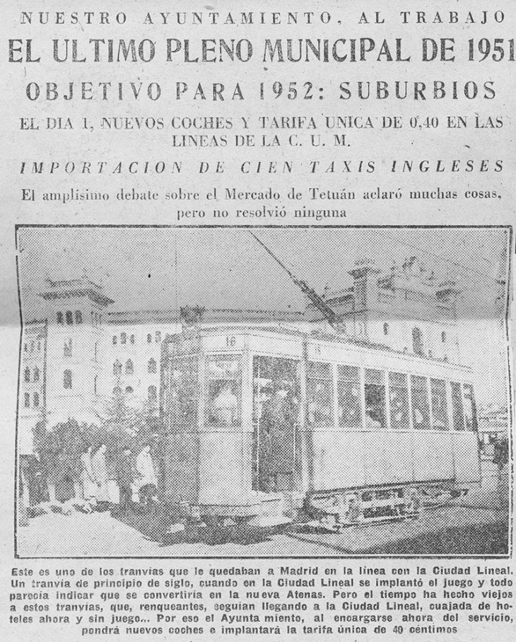 Noticia de la inauguración del tranvía Ventas-Pueblo Nuevo, publicada en Informaciones en diciembre de 1951 con fotografía de Campúa