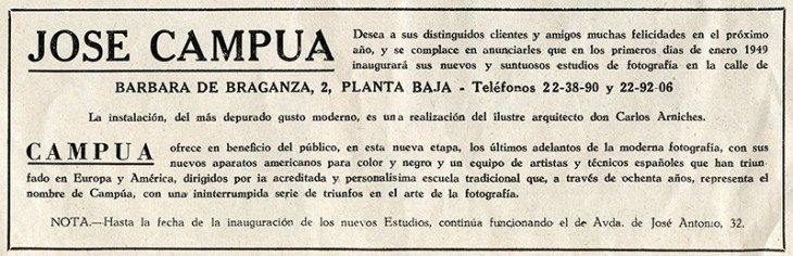 Anuncio de la apertura del nuevo estudio fotográfico publicado en la revista Luna y Sol de diciembre de 1948