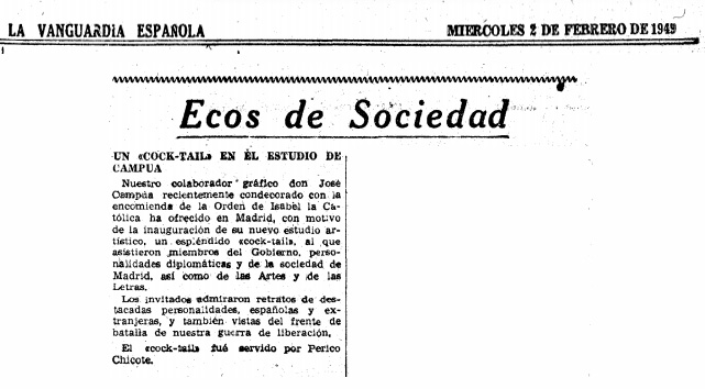 Reseña de la inauguración del nuevo estudio de Campúa, publicada en La Vanguardia el 2 de febrero de 1949 (el mismo día en que se celebró, lo cual puede hacer dudar de la fecha exacta o de si la noticia se publicó antes de que se produjera el acto)