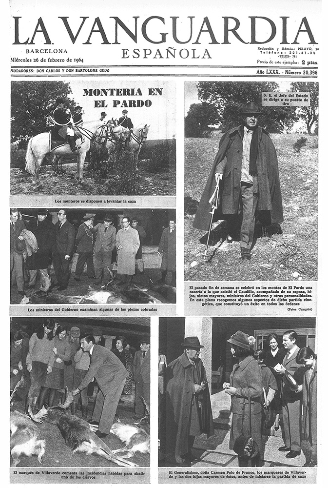 Portada de La Vanguardia del 26 de febrero de 1964 con fotos de Campúa de la cacería celebrada días antes en El Pardo