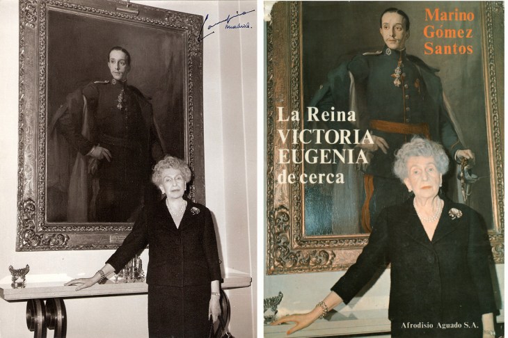 A la izquierda: positivado de época firmado por Campúa de la reina Victoria Eugenia posando con un retrato de Alfonso XIII de fondo en su casa en Lausana (Suiza). A la derecha: portada del libro de Marino Gómez Santos "La Reina Victoria Eugenia de cerca"