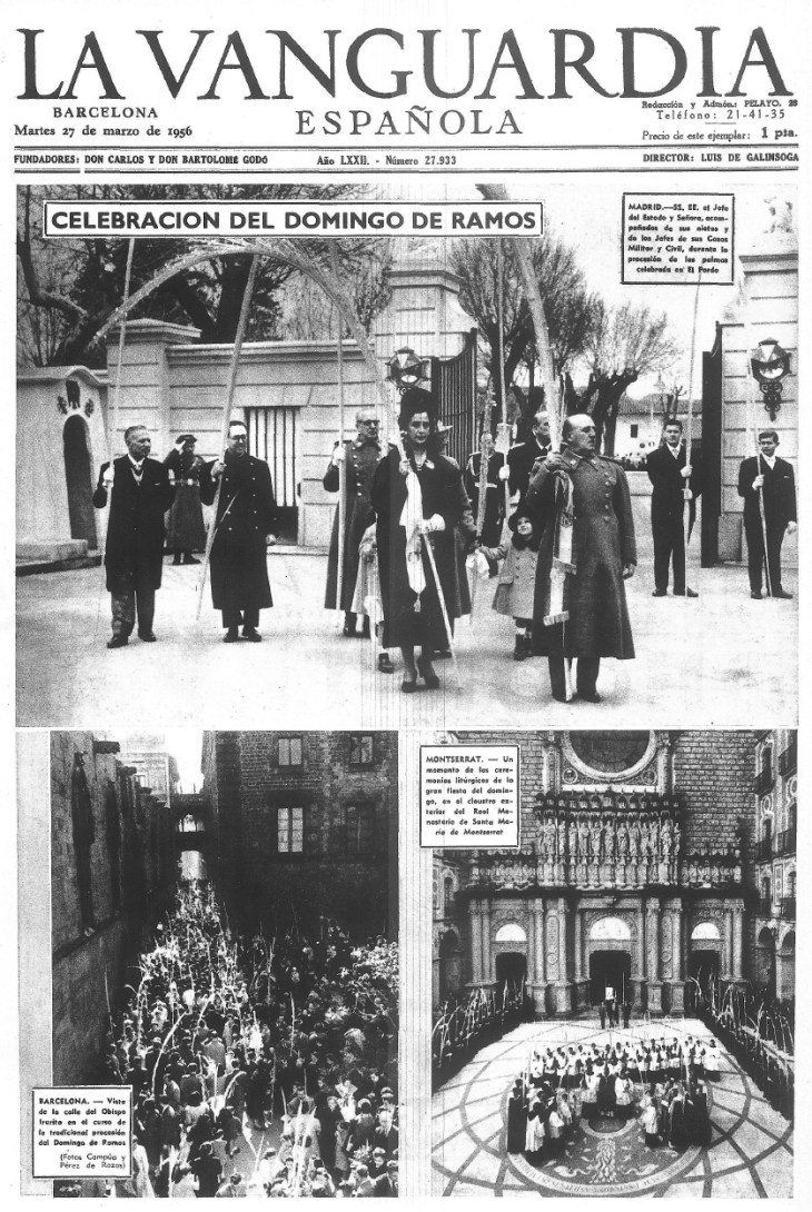 Portada de La Vanguardia el 27 de marzo 1956 que informa de la celebración del domingo de ramos en el Palacio del Pardo con foto de Campúa