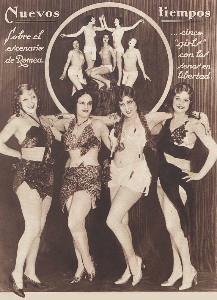 Página de la revista Crónica publicada el 15 de mayo 1932 con fotos de Campúa, sobre la última obra estrenada en el Romea. El pie de foto señala: En primer término, de izquierda a derecha: Jenny Falinsky, Margarita Carbajal, Aurora Sáinz y Amalia Ariza. En el círculo del fondo: las cinco "girls", con los senos en libertad. 