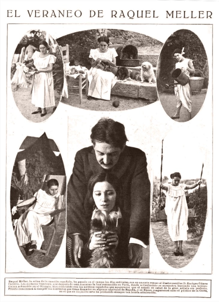 Reportaje "El veraneo de Raquel Meller" publicado en Mundo Gráfico. El pie de foto señala que la reina de la canción española había pasado en el campo los días estivales junto con su esposo el escritor Enrique Gómez Carrillo. 