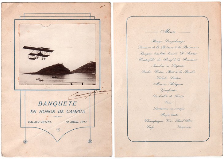 Portada e interior del menú del banquete en honor a José Demaría López "Campúa". Los platos aparecían reseñados en francés al estilo de la época. Las crónicas mencionan que, además, se repartieron habanos por cortesía de Prensa Gráfica Española S.L.